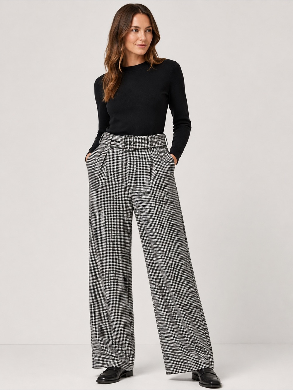 LOFT Belted Wide Leg Pants Size 12 NWT Black White Houndstooth High Rise